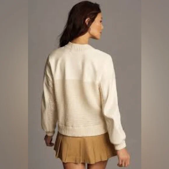 Anthropologie Crochet Bomber Cardigan Ivory Excellent Size L - Picture 3 of 9